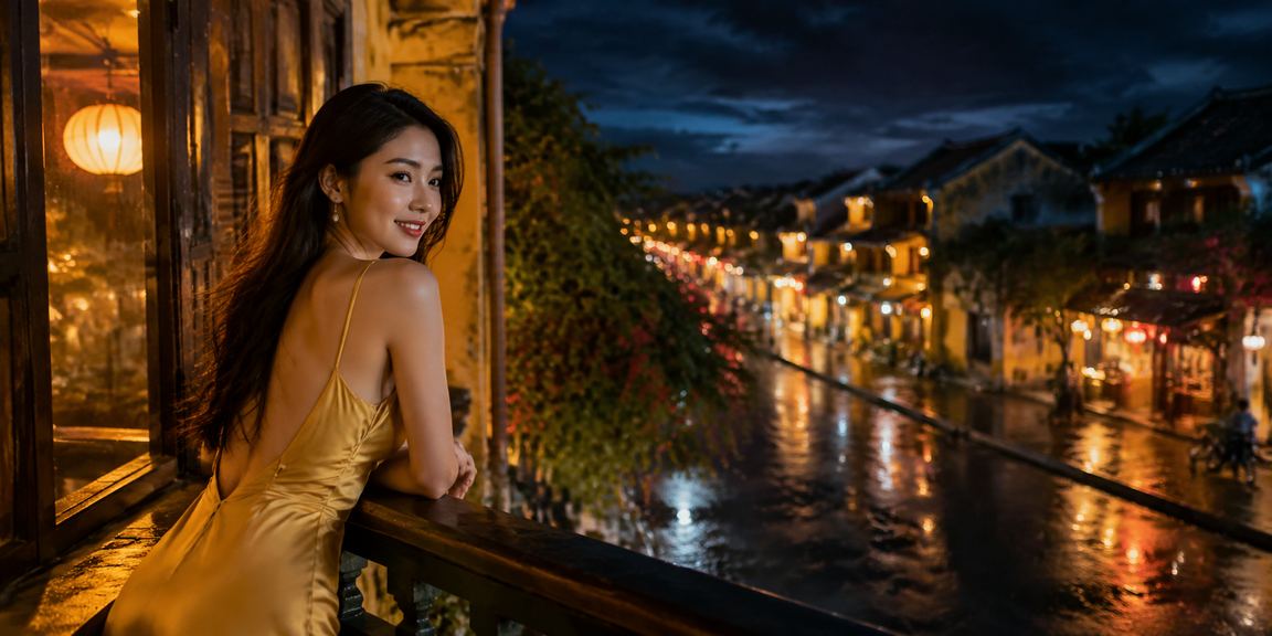 Phụ nữ Việt Nam trong trang phục truyền thống tại phố cổ Hội An với không khí xổ số lễ hội