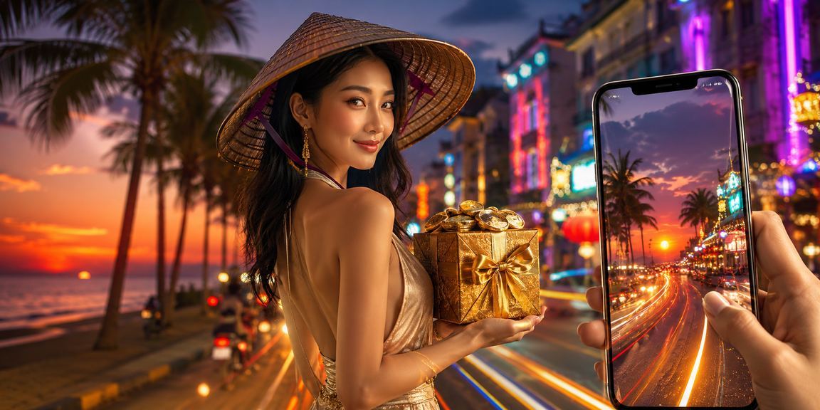 Người dùng tại bãi biển Phú Quốc trải nghiệm casino trực tuyến trên điện thoại di động